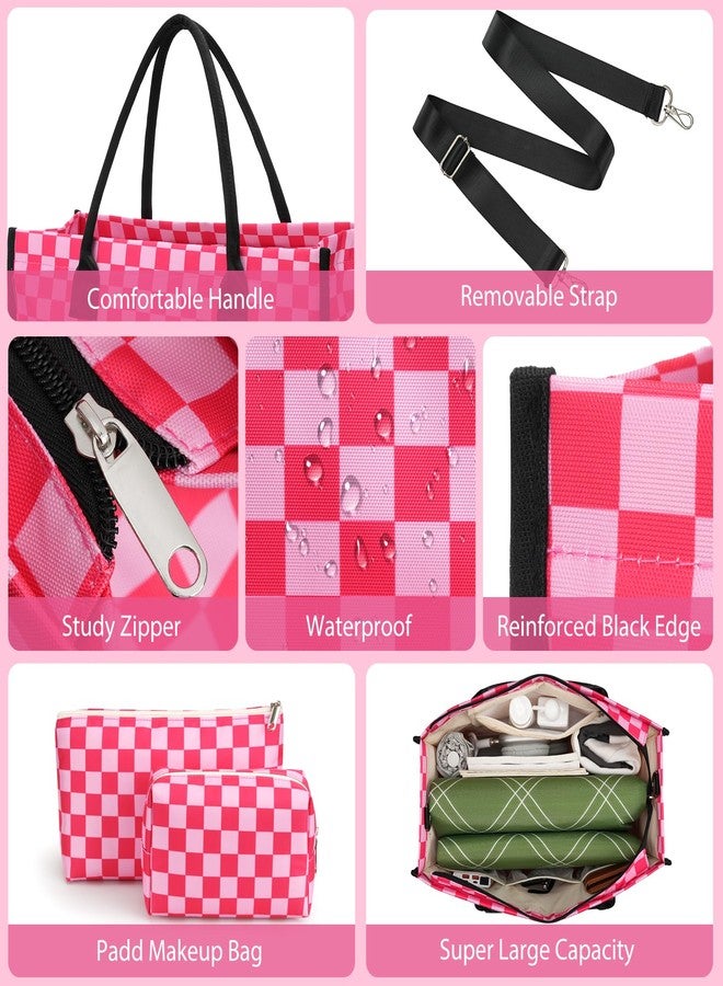 ZUBOND Tote Bags for Women 3 Pack, Large Waterproof Beach Bag for Womens Tote Bag with 2 Makeup Bags, Trendy Gingham Fashion Handbags Work Bag - Image 4
